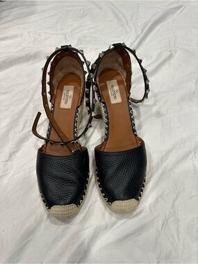 Valentino Black Rockstud Espadrille Ankle-Strap wedges